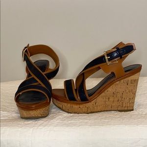 Navy and brown sandal wedges